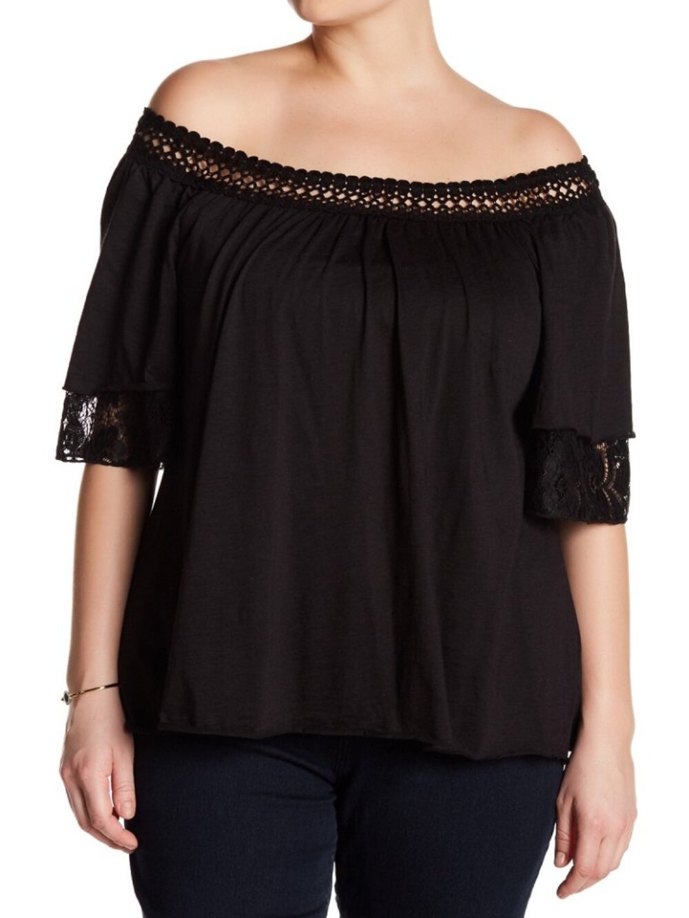 H.I.P. Nordstrom Lace Crochet Layered Top Off Shoulder Black Size 1X Worn Once